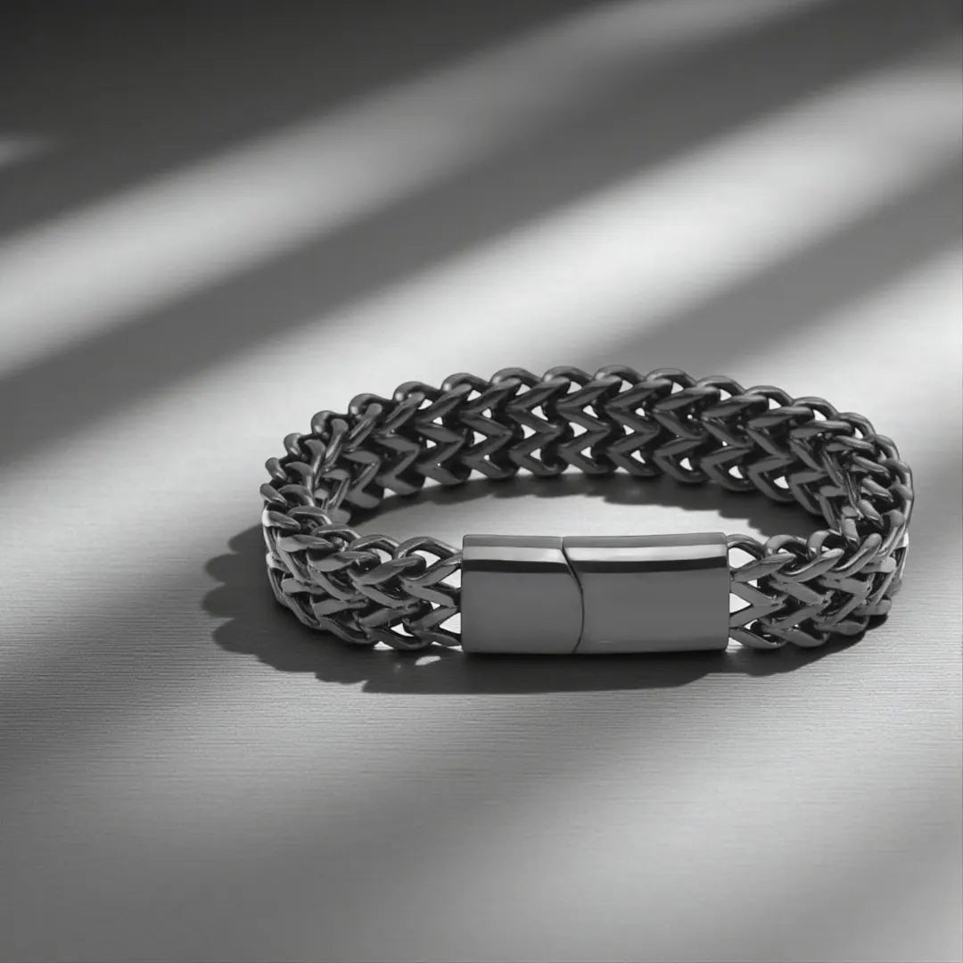 Men's Double Layer Cuban Link Bracelet – Black & Silver 316L Stainless Steel, Bold Hip-Hop Style