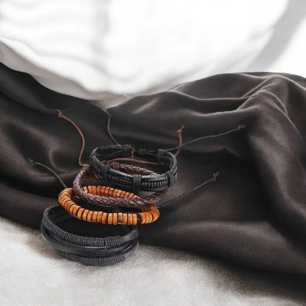 Braided Leather Multi - Strand Beaded Layered Wristband Bracelet for Men - Bracelets - Cadeau Craft