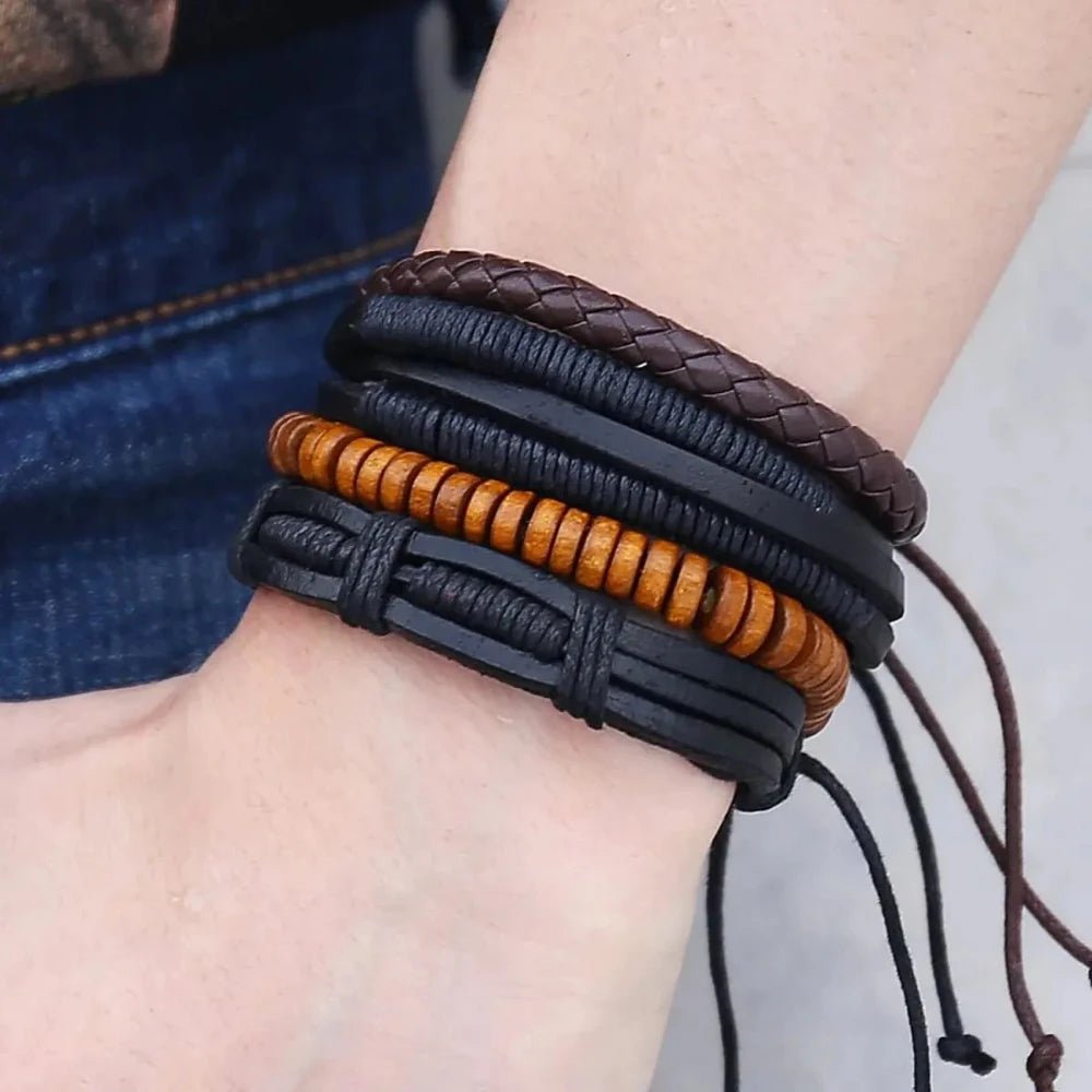 Braided Leather Multi - Strand Beaded Layered Wristband Bracelet for Men - Bracelets - Cadeau Craft