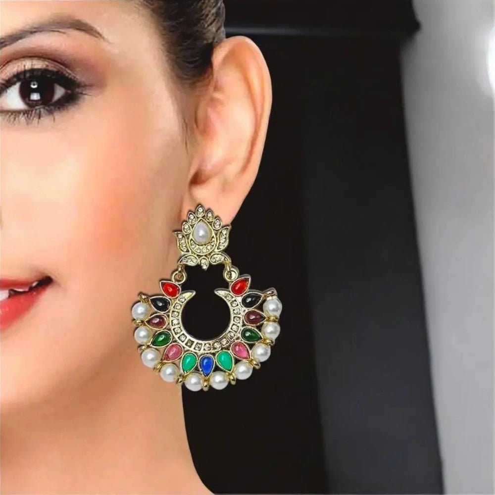 Festive Navratna Pearl Chaand Bali Earrings for Women – Traditional Indian Jewelry - Earrings - Cadeau Craft
