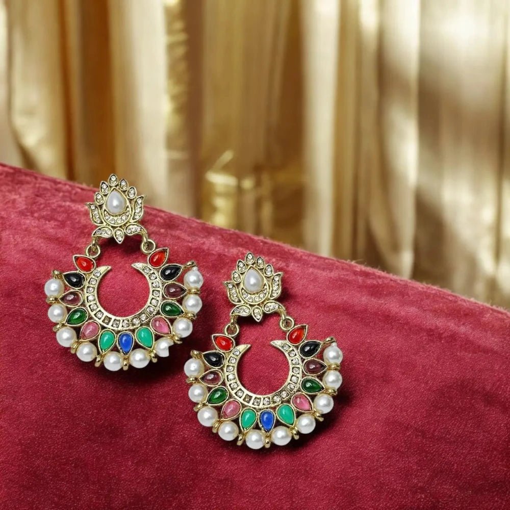 Festive Navratna Pearl Chaand Bali Earrings for Women – Traditional Indian Jewelry - Earrings - Cadeau Craft