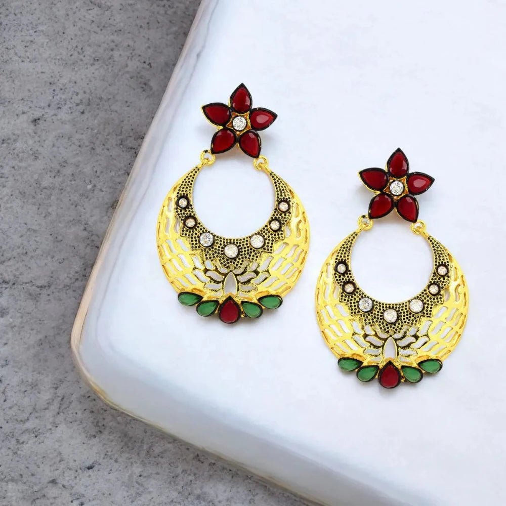 Flower Chaand Bali Earrings - Kundan Polki with American Diamond CZ in Gold - Earrings - Cadeau Craft