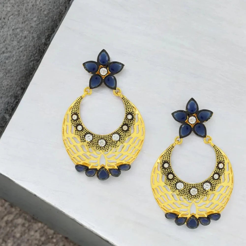 Flower Chaand Bali Earrings - Kundan Polki with American Diamond CZ in Gold - Earrings - Cadeau Craft