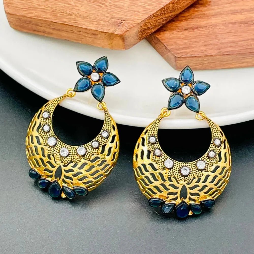 Flower Chaand Bali Earrings - Kundan Polki with American Diamond CZ in Gold - Earrings - Cadeau Craft