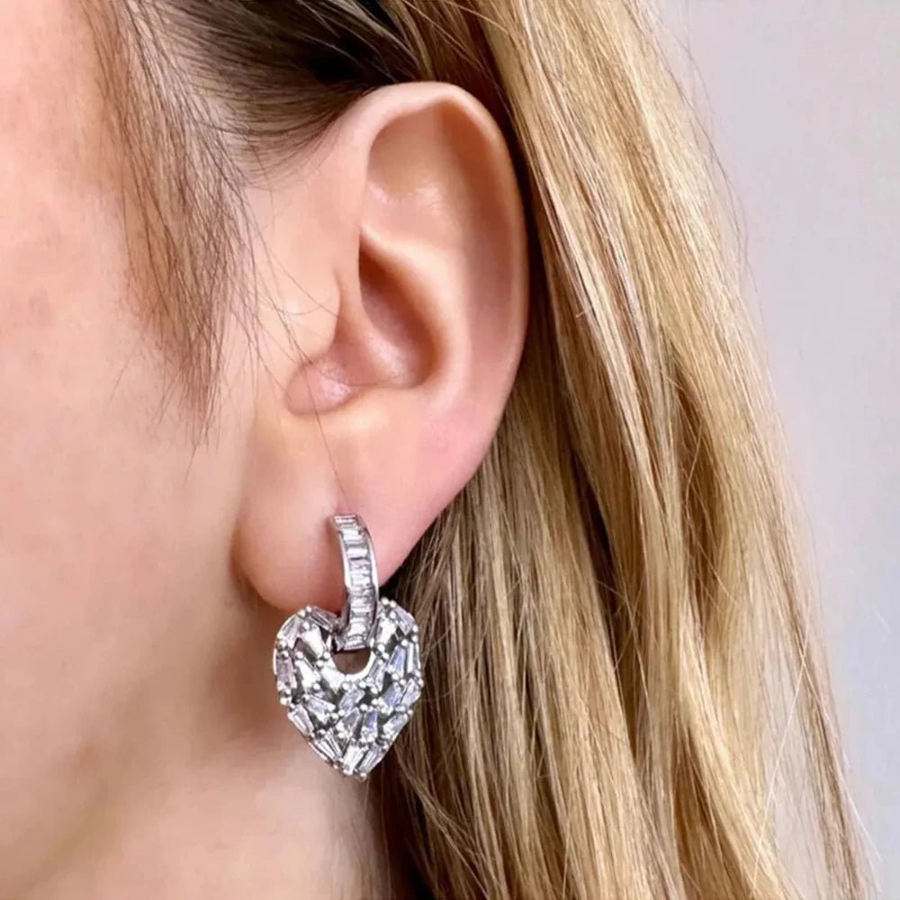 Love Heart Silver Hoop Drop Earrings for Women with Baguette Cubic Zirconia Diamond - Earrings - Cadeau Craft