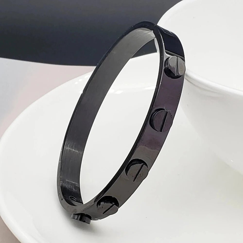 Luxury Men's Black Stainless Steel Kada with Screw Design. - Cuff & Kada - Cadeau Craft