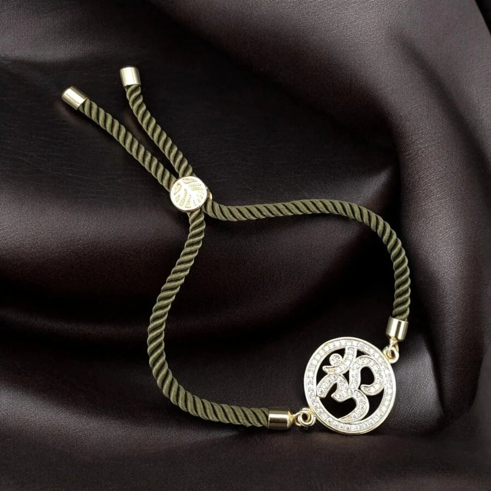 Om Copper American Diamond Bracelet for Women - Green & Blue Thread, Adjustable Fit - Bracelets - Cadeau Craft