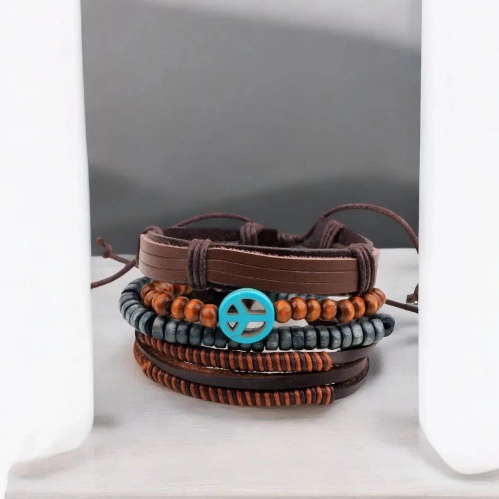 Peace Brown Leather Multi - Strand Wristband Bracelet for Men – Handcrafted Design - Bracelets - Cadeau Craft