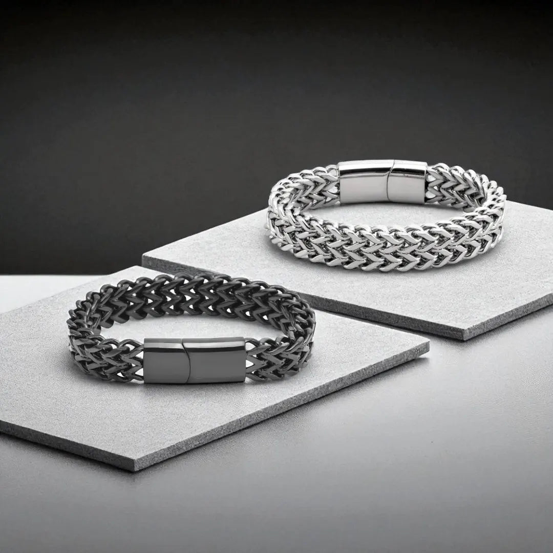 Men's Double Layer Cuban Link Bracelet – Black & Silver 316L Stainless Steel, Bold Hip-Hop Style