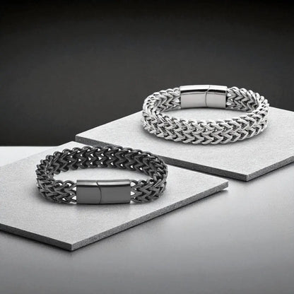 Men's Double Layer Cuban Link Bracelet – Black & Silver 316L Stainless Steel, Bold Hip-Hop Style
