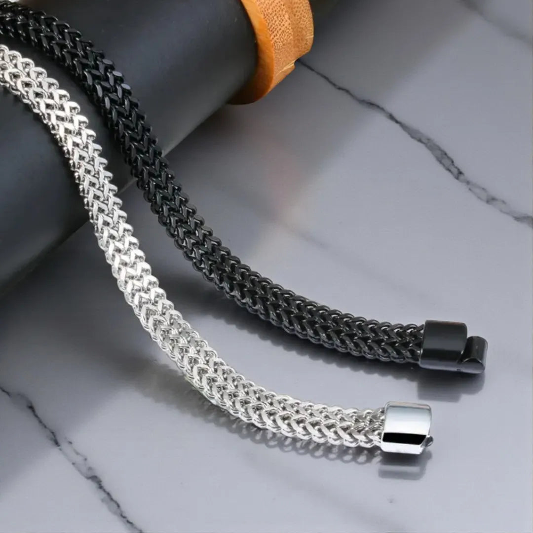Men's Double Layer Cuban Link Bracelet – Black & Silver 316L Stainless Steel, Bold Hip-Hop Style