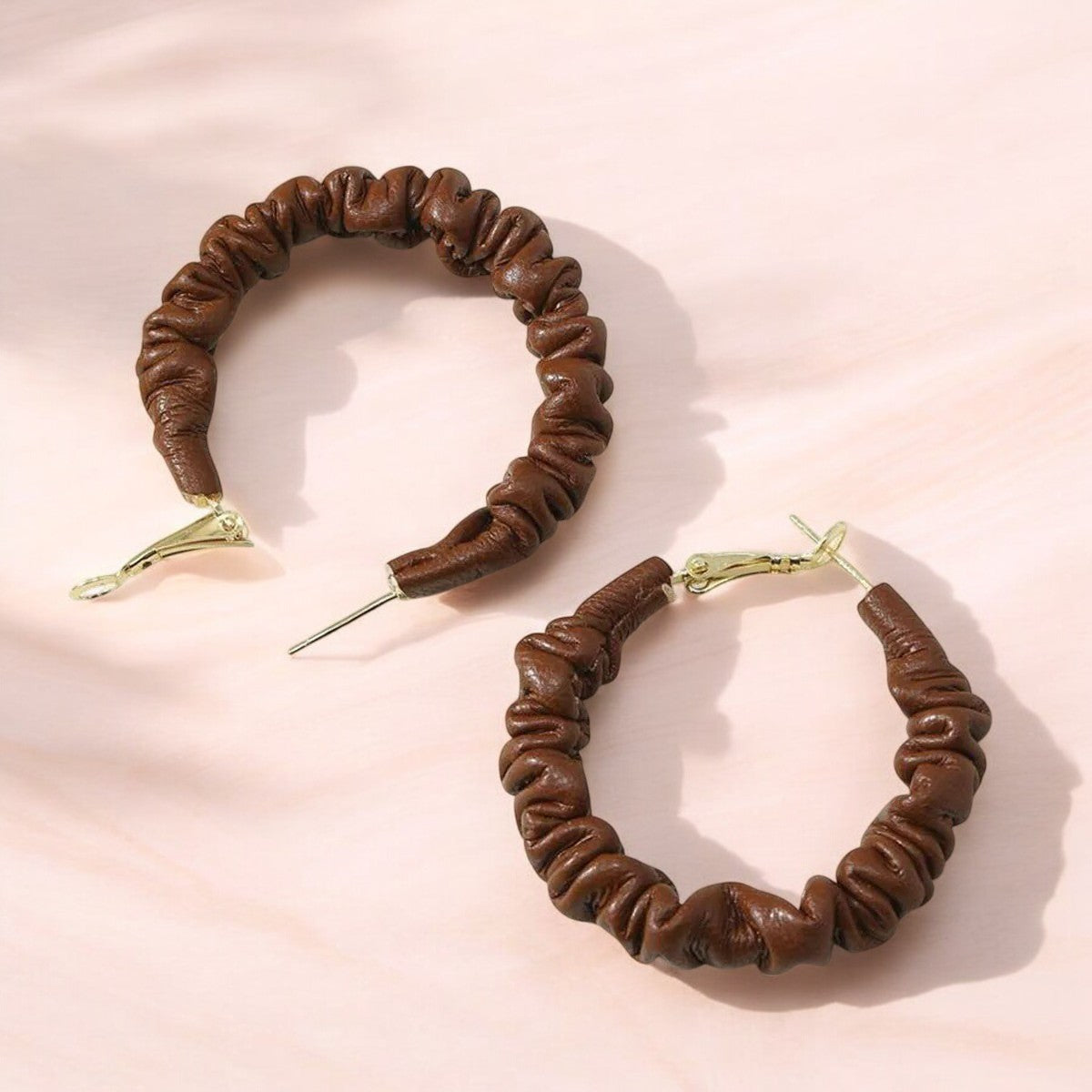Chocolate Brown Leather Hoop Earrings for Women – 18K Gold Plated, Anti-Tarnish & Stylish