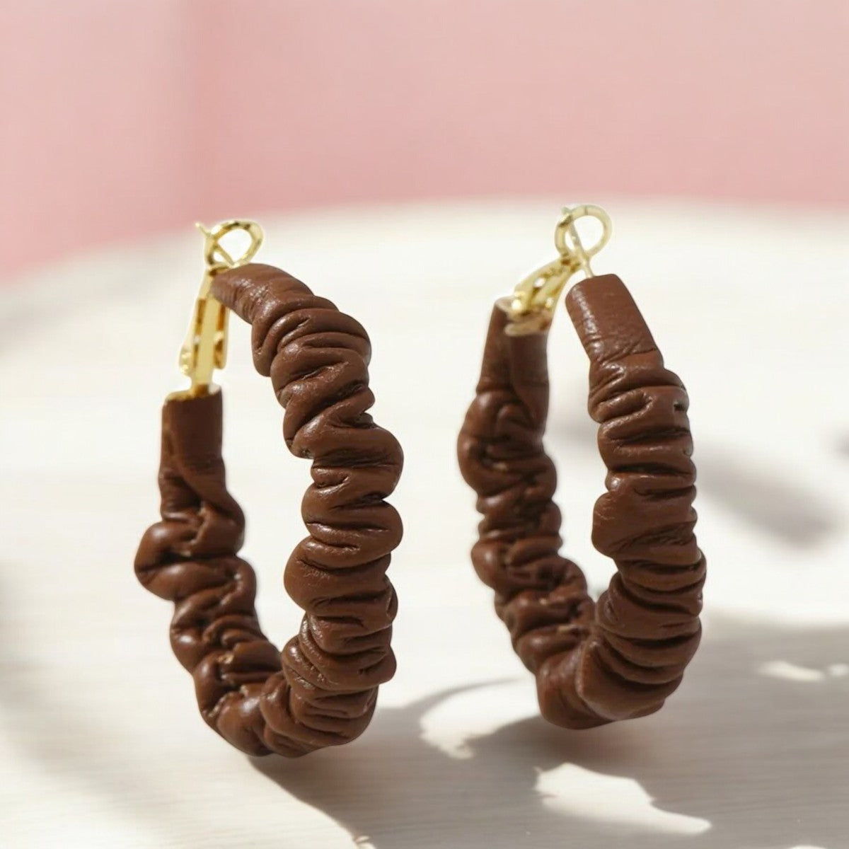 Chocolate Brown Leather Hoop Earrings for Women – 18K Gold Plated, Anti-Tarnish & Stylish
