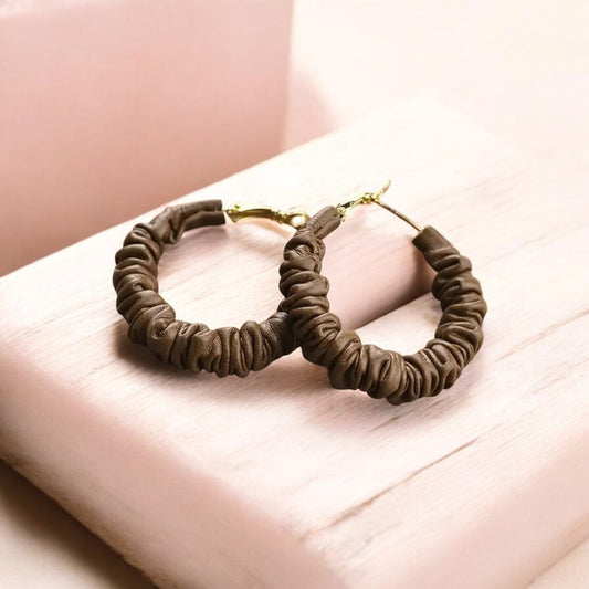 Chocolate Brown Leather Hoop Earrings for Women – 18K Gold Plated, Anti-Tarnish & Stylish