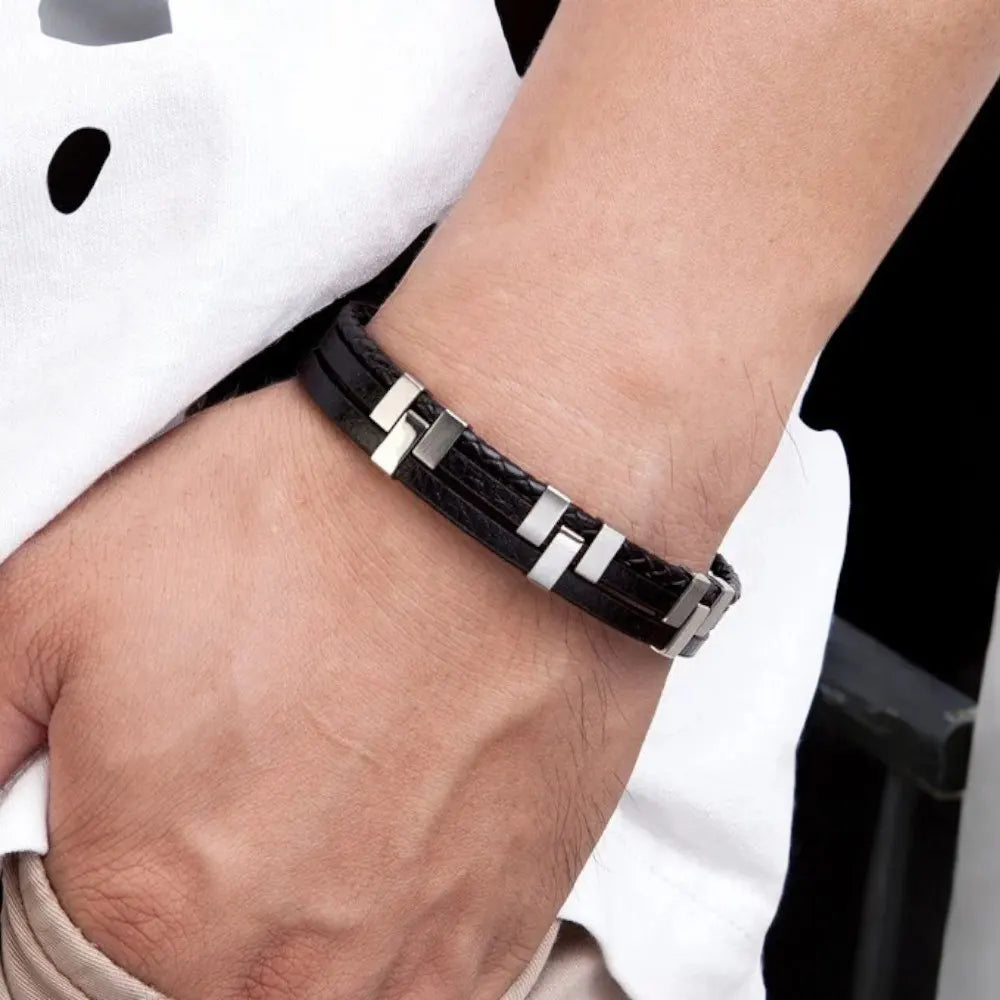 Layered Leather Bracelet for Men – Black, Brown & Blue Leather Strands with Stainless Steel Clasp.