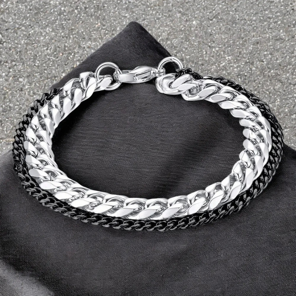 Men's Double-Layer Black & Silver Curb Chain Bracelet – Stylish Stainless Steel Bracelet for Men