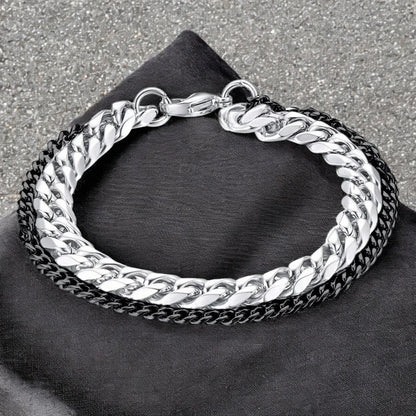 Men's Double-Layer Black & Silver Curb Chain Bracelet – Stylish Stainless Steel Bracelet for Men