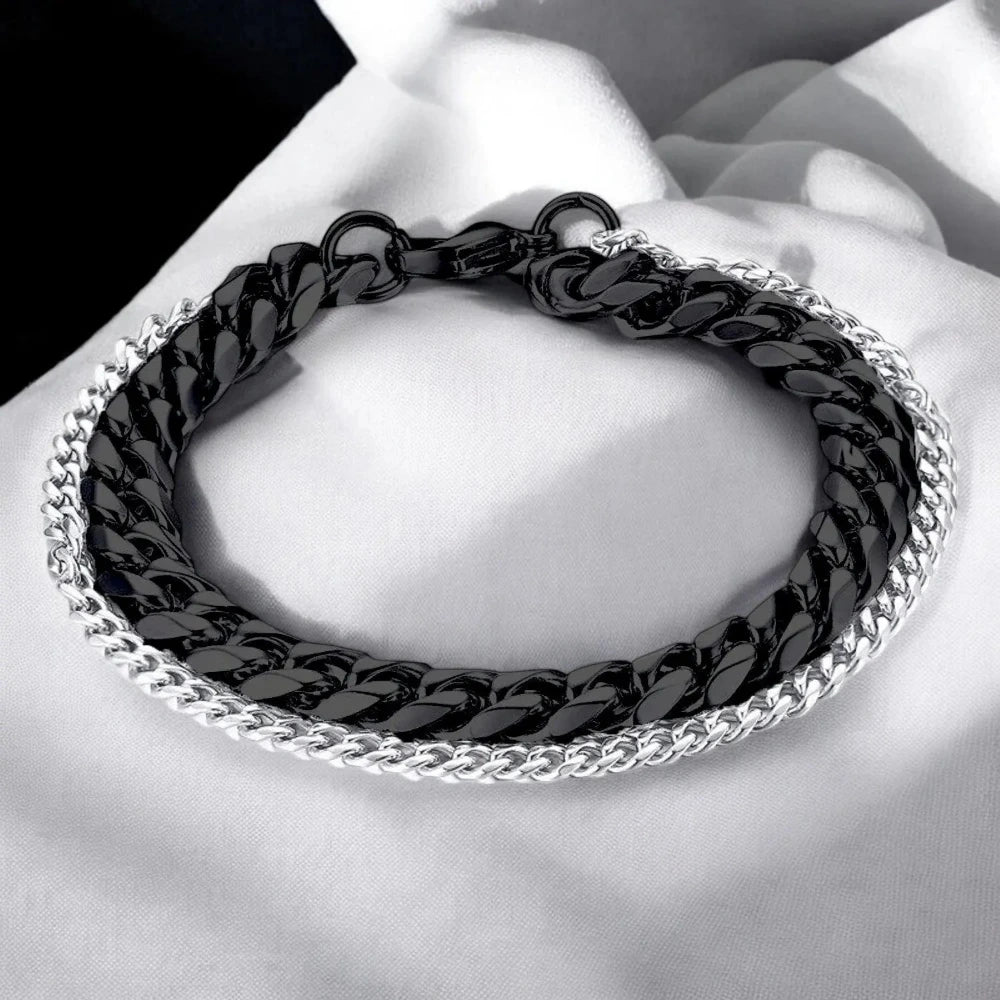 Sleek Men's Black & Silver Curb Chain Bracelet – Durable Stainless Steel Jewelry for Everyday Wear