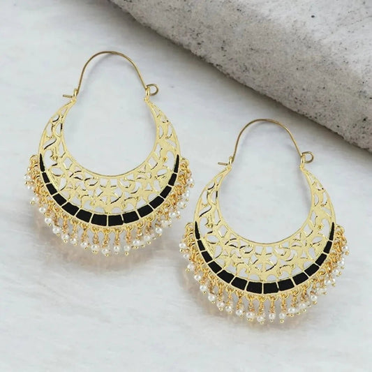 Antique Gold Filigree Chaand Bali Earrings for Women - Black Meenakari Hoop Design - Earrings - Cadeau Craft