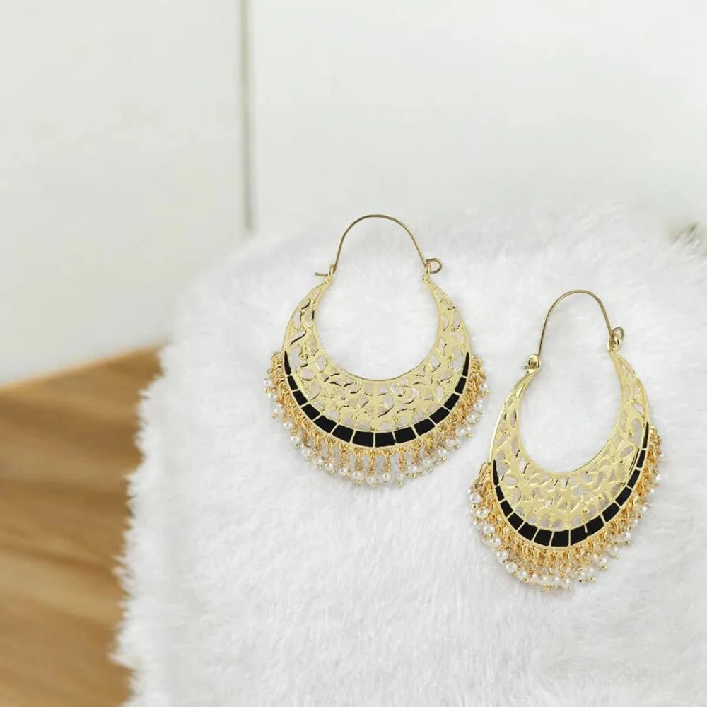 Antique Gold Filigree Chaand Bali Earrings for Women - Black Meenakari Hoop Design - Earrings - Cadeau Craft