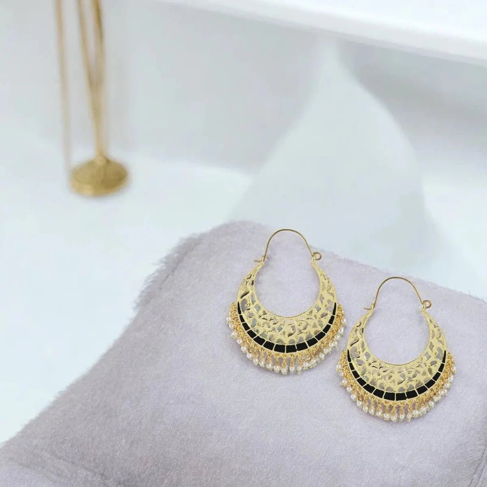 Antique Gold Filigree Chaand Bali Earrings for Women - Black Meenakari Hoop Design - Earrings - Cadeau Craft