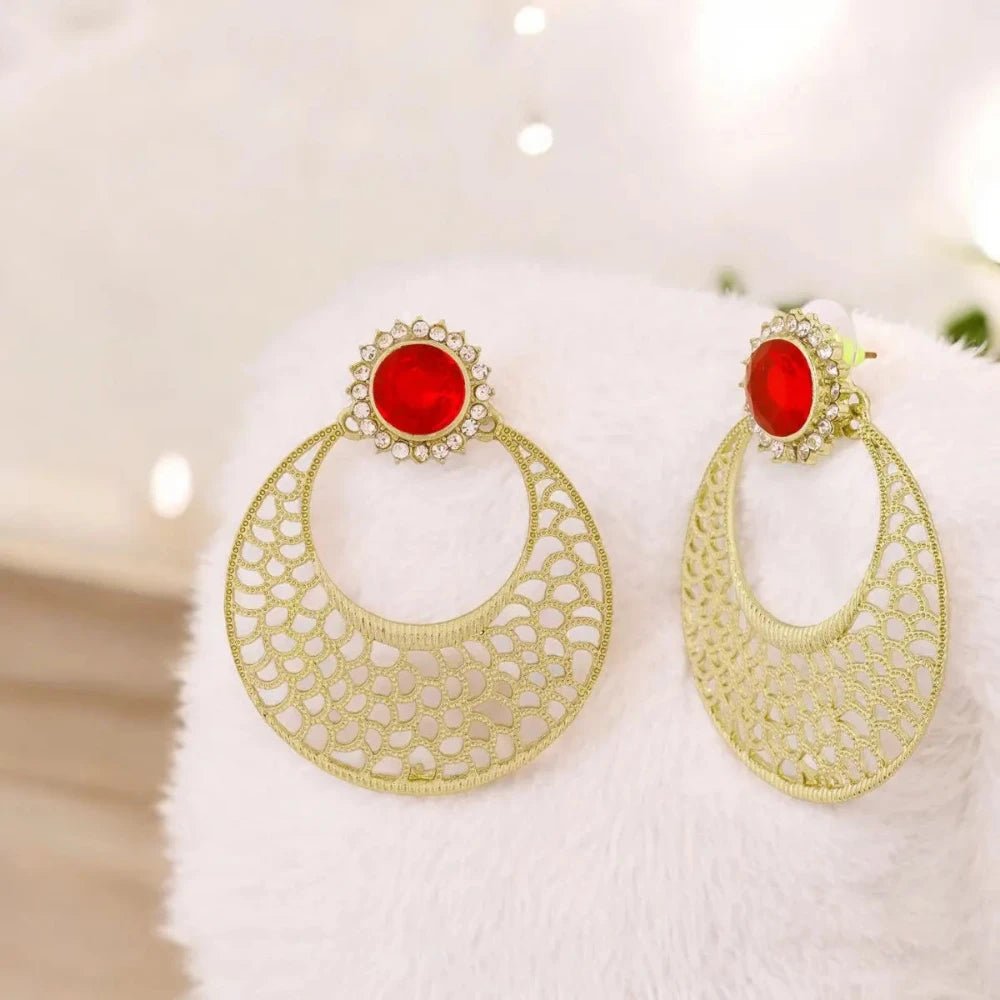 Antique Rhodium - Plated Chaand Bali Earrings for Women - Red Filigree Design - Earrings - Cadeau Craft