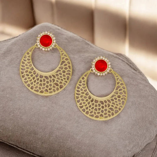 Antique Rhodium - Plated Chaand Bali Earrings for Women - Red Filigree Design - Earrings - Cadeau Craft