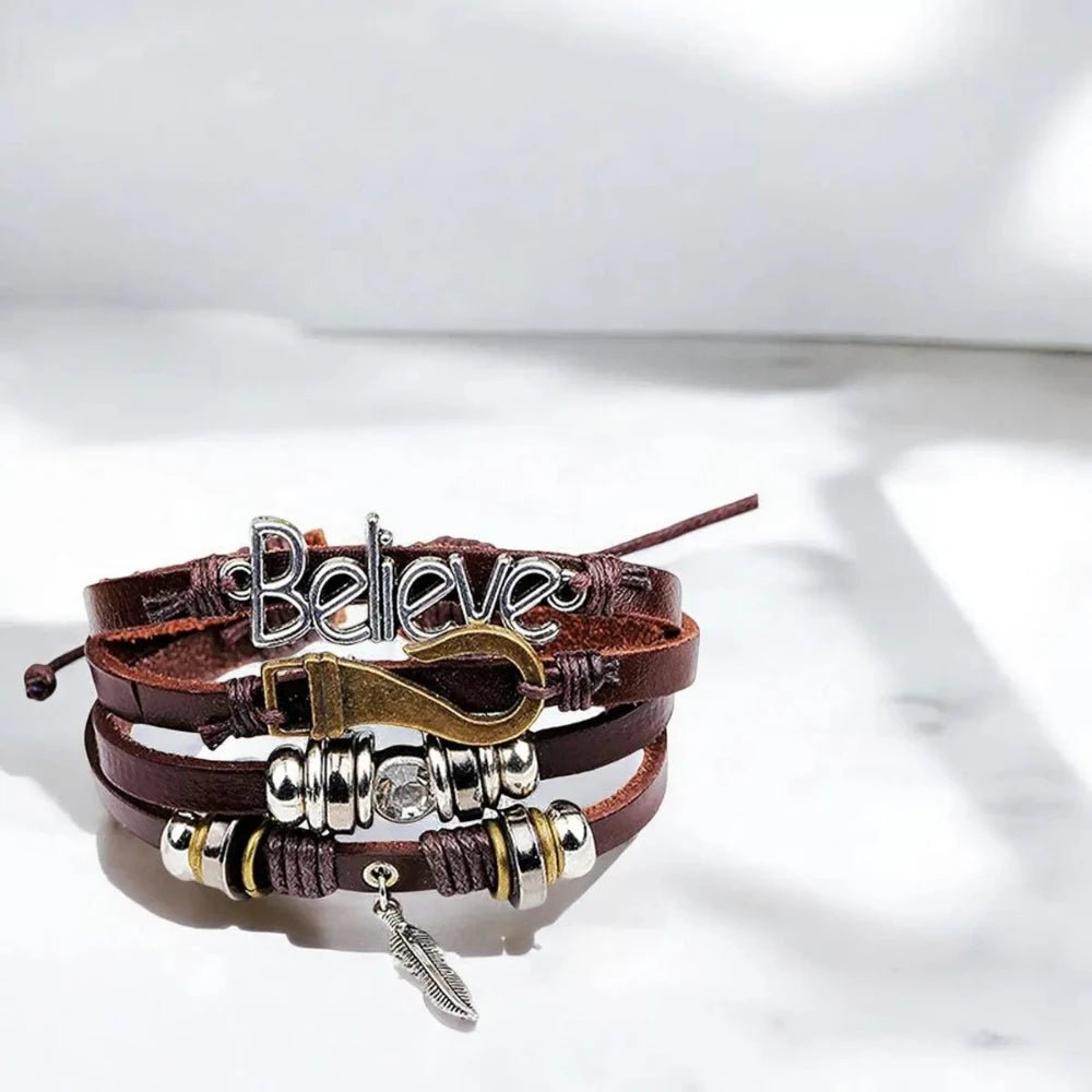 Believe Brown Leather Beaded Multi - Strand Bracelet for Men with Charm - Bracelets - Cadeau Craft