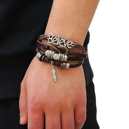 Believe Brown Leather Beaded Multi - Strand Bracelet for Men with Charm - Bracelets - Cadeau Craft