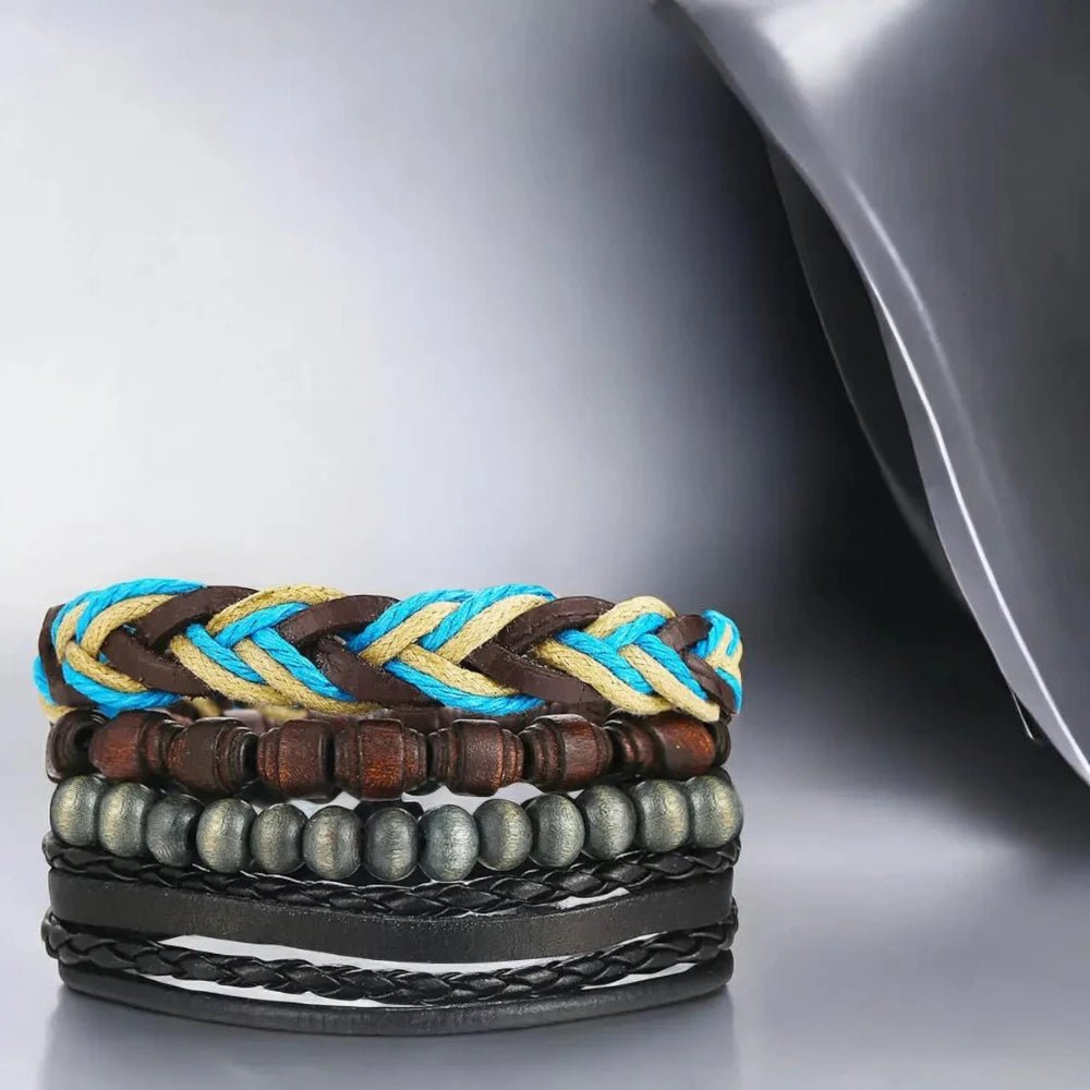 Braided Leather Wrist Wrap Bracelet for Men with Tibetan Beads - Bracelets - Cadeau Craft
