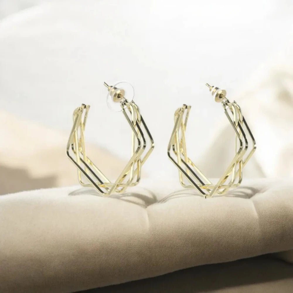 Elegant Double Square Geometric Copper Hoop Earrings in Gold Finish for Women - Earrings - Cadeau Craft