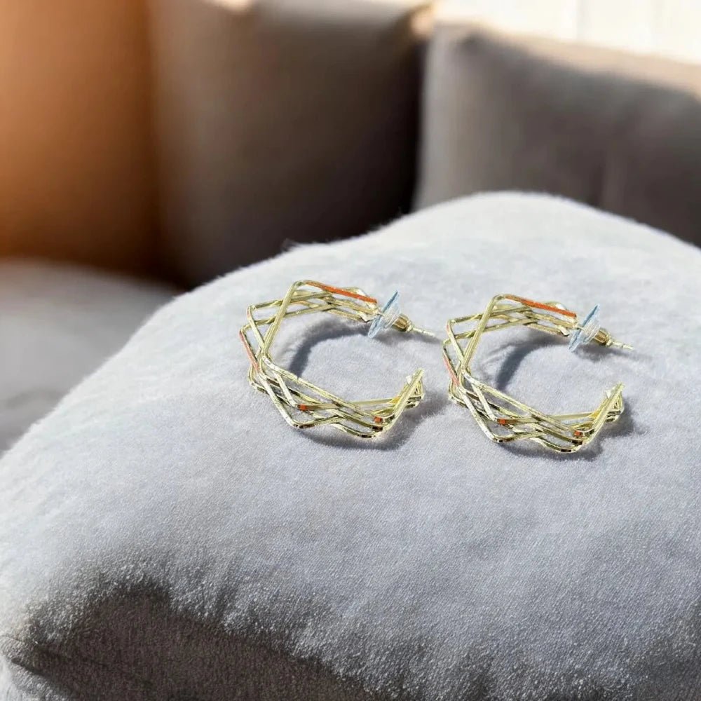Elegant Double Square Geometric Copper Hoop Earrings in Gold Finish for Women - Earrings - Cadeau Craft