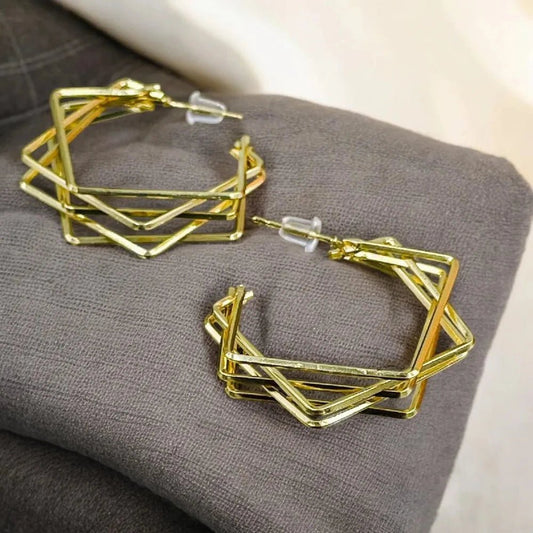 Elegant Double Square Geometric Copper Hoop Earrings in Gold Finish for Women - Earrings - Cadeau Craft