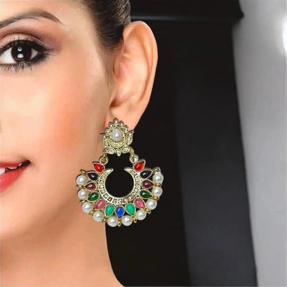 Festive Navratna Pearl Chaand Bali Earrings for Women – Traditional Indian Jewelry - Earrings - Cadeau Craft