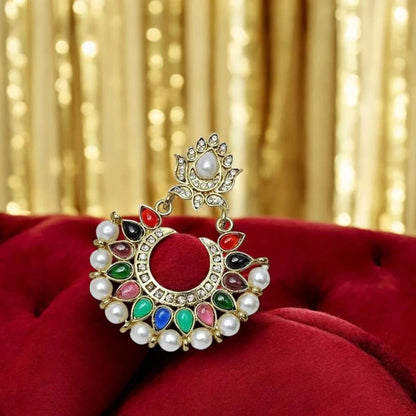 Festive Navratna Pearl Chaand Bali Earrings for Women – Traditional Indian Jewelry - Earrings - Cadeau Craft