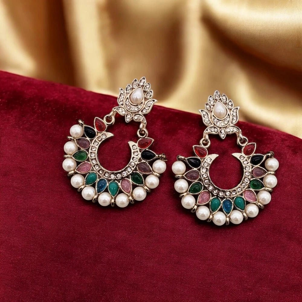 Festive Navratna Pearl Chaand Bali Earrings for Women – Traditional Indian Jewelry - Earrings - Cadeau Craft