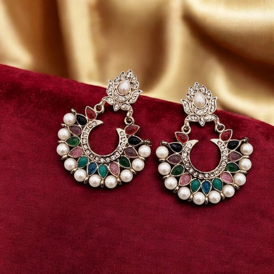 Festive Navratna Pearl Chaand Bali Earrings for Women – Traditional Indian Jewelry - Earrings - Cadeau Craft