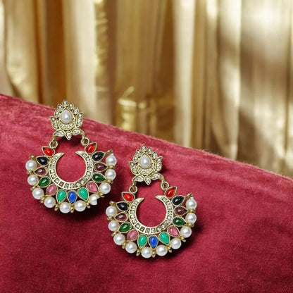 Festive Navratna Pearl Chaand Bali Earrings for Women – Traditional Indian Jewelry - Earrings - Cadeau Craft