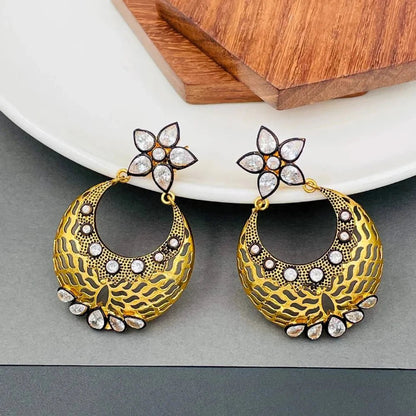 Flower Chaand Bali Earrings - Kundan Polki with American Diamond CZ in Gold - Earrings - Cadeau Craft