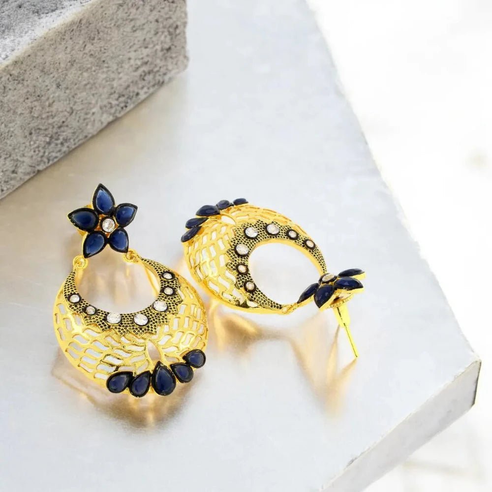 Flower Chaand Bali Earrings - Kundan Polki with American Diamond CZ in Gold - Earrings - Cadeau Craft