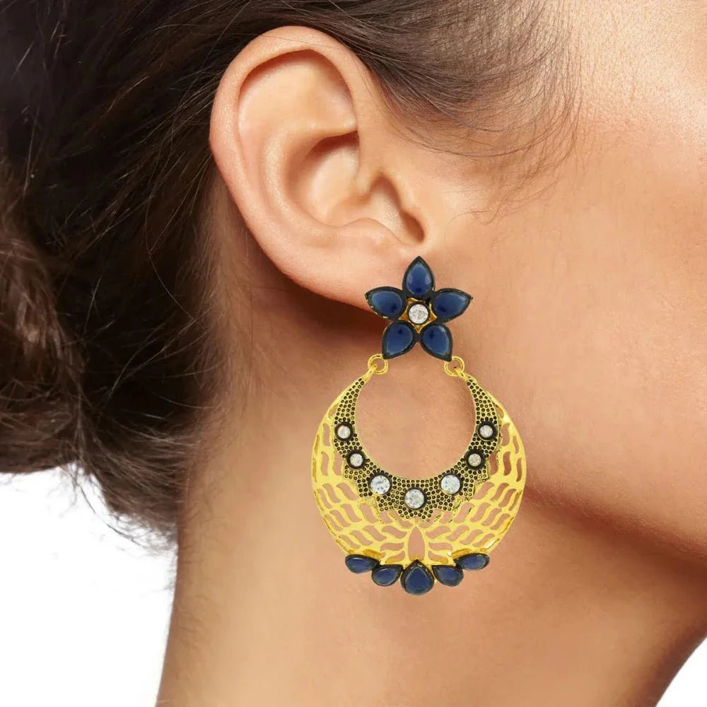 Flower Chaand Bali Earrings - Kundan Polki with American Diamond CZ in Gold - Earrings - Cadeau Craft