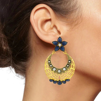 Flower Chaand Bali Earrings - Kundan Polki with American Diamond CZ in Gold - Earrings - Cadeau Craft