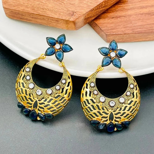 Flower Chaand Bali Earrings - Kundan Polki with American Diamond CZ in Gold - Earrings - Cadeau Craft