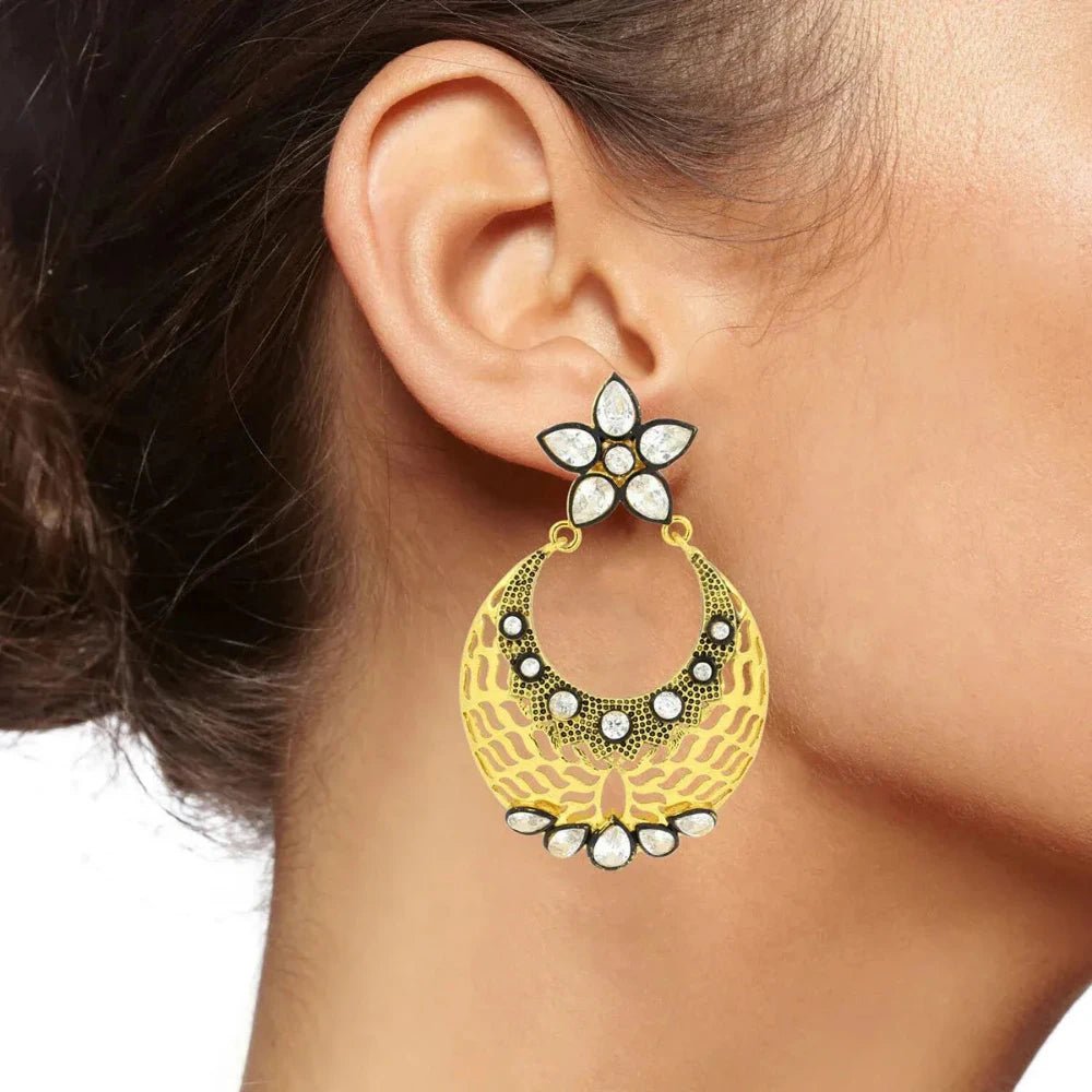 Flower Chaand Bali Earrings - Kundan Polki with American Diamond CZ in Gold - Earrings - Cadeau Craft