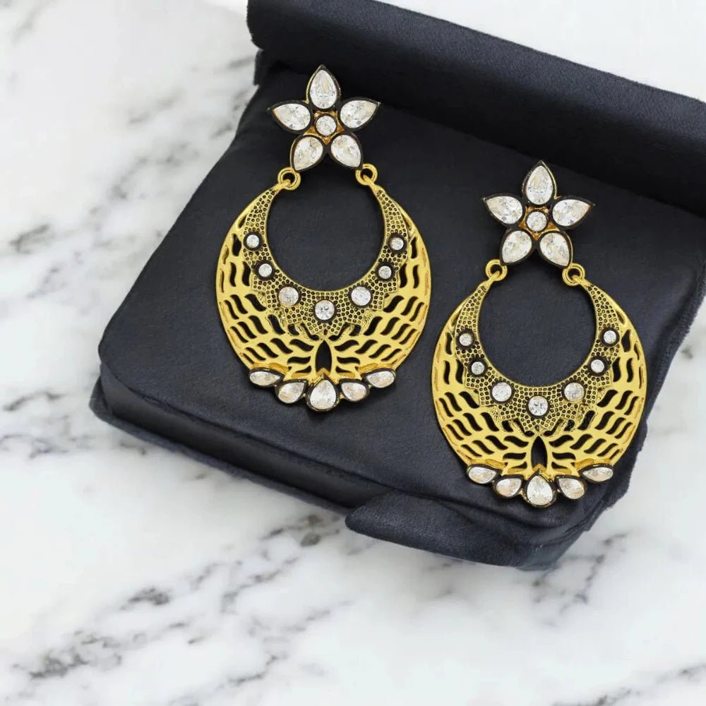 Flower Chaand Bali Earrings - Kundan Polki with American Diamond CZ in Gold - Earrings - Cadeau Craft