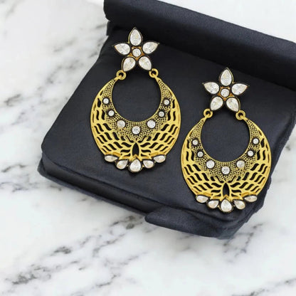 Flower Chaand Bali Earrings - Kundan Polki with American Diamond CZ in Gold - Earrings - Cadeau Craft