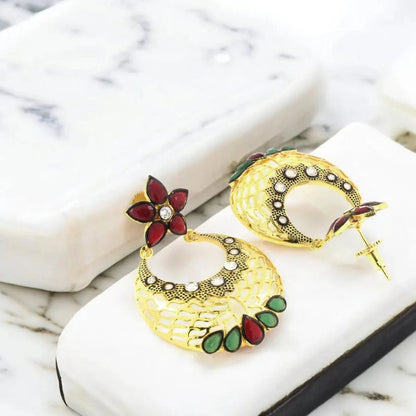 Flower Chaand Bali Earrings - Kundan Polki with American Diamond CZ in Gold - Earrings - Cadeau Craft