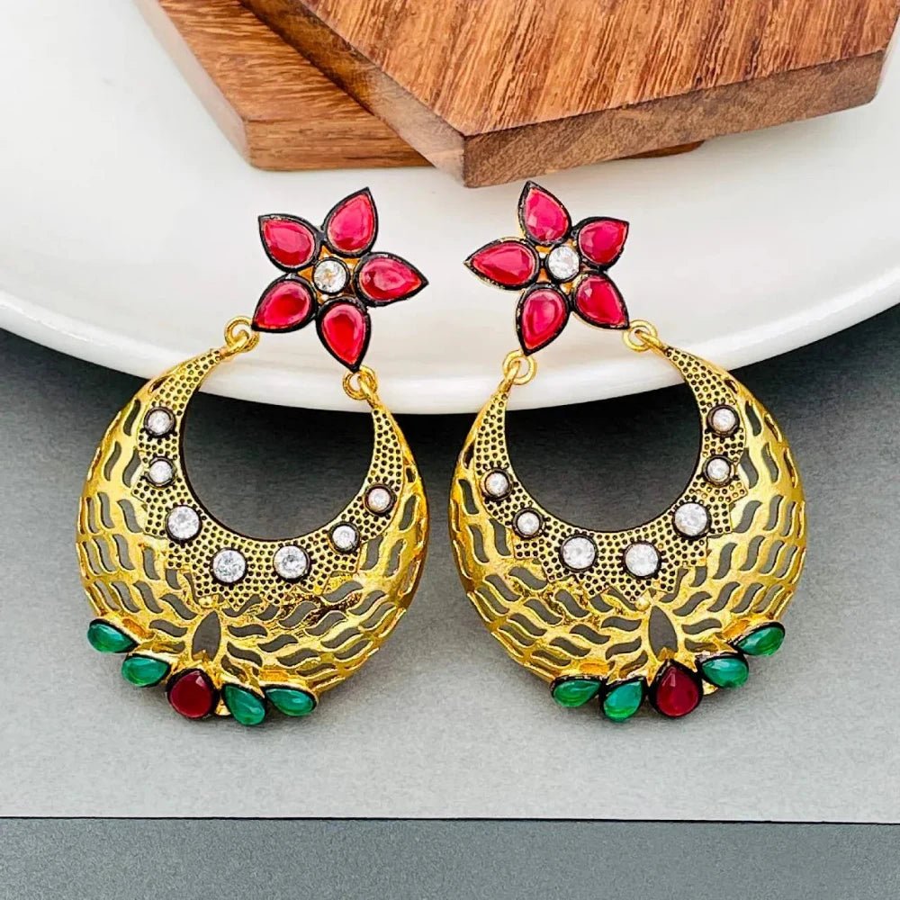 Flower Chaand Bali Earrings - Kundan Polki with American Diamond CZ in Gold - Earrings - Cadeau Craft