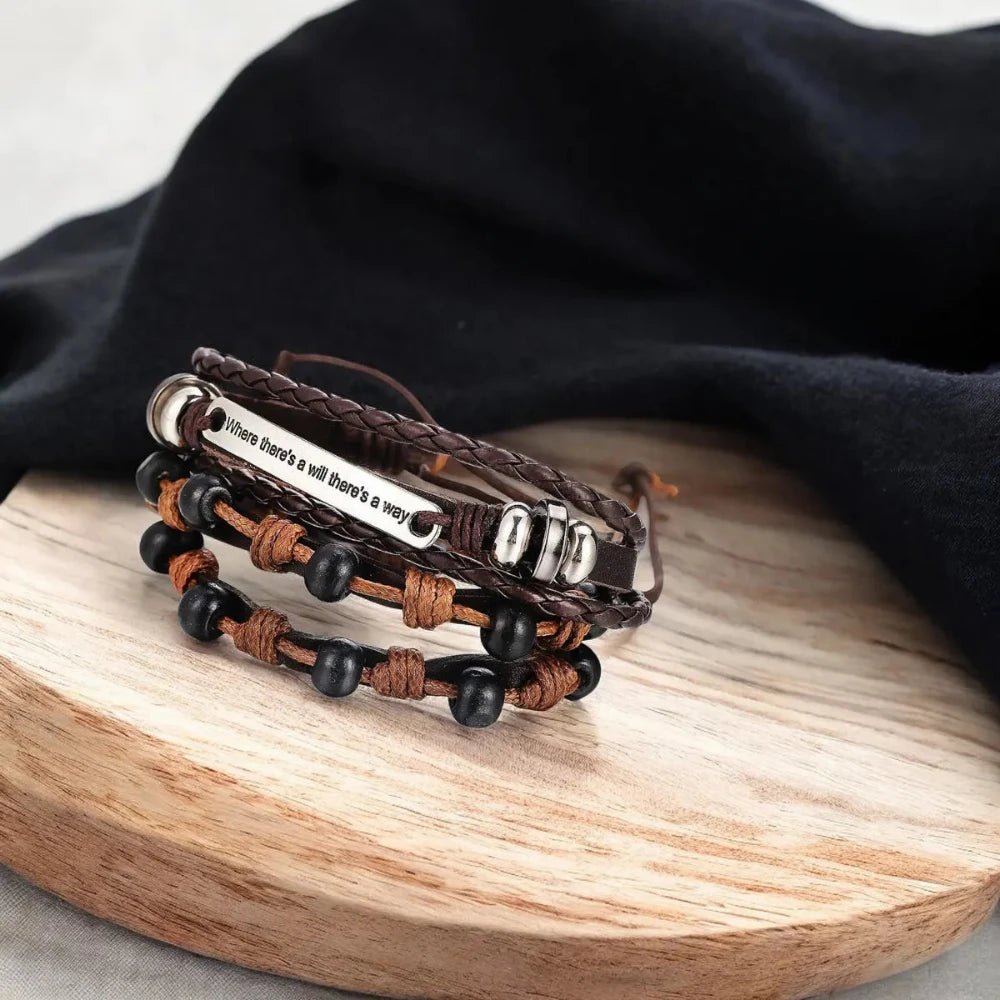 Layered Braided Leather Wrap - Around Beaded Wristband Bracelet for Men - Bracelets - Cadeau Craft