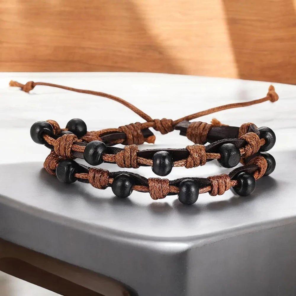 Layered Braided Leather Wrap - Around Beaded Wristband Bracelet for Men - Bracelets - Cadeau Craft